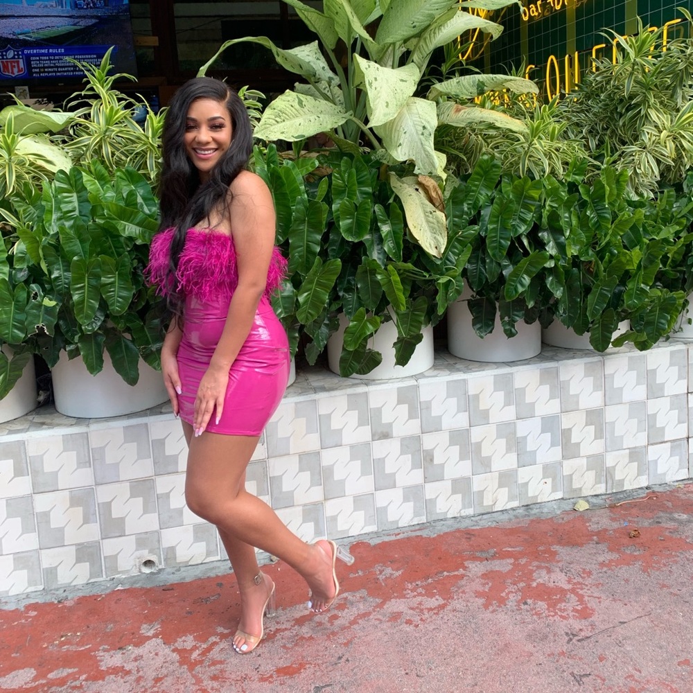 Fashion Nova Magenta Feather Latex Dress